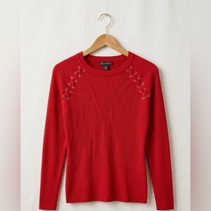 INC Red Ribbed Knit Lace Up Grommet Shoulder Sweater Medium